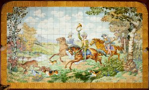 Interieur, tegelpaneel, schilder Furcy Ernest Tondeur, uitvoerder Boch Frères La Louvière, eerste paneel, jachtscène met drie ruiters door . .