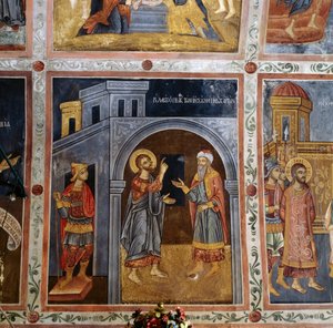 Jezus spreekt tot Pontius Pilatus, fresco gewelf met scènes uit het leven van Jezus, Mikro Sotiris klooster, Symi eiland, Griekenland
