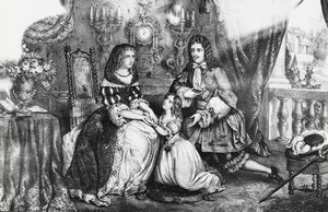 Koning Lodewijk XIV en zijn dochter smeken hertogin Louise de La Valliere om zich niet terug te trekken in het klooster