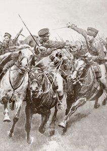 Gevecht te paard tussen Russische kozakken en Duitse cavalerie bekend als de Hussaren van de Dood in Schwansfeld, tussen Korschen en Bartenstein, Oost-Pruisen, augustus 1914 tijdens de Eerste Wereldoorlog, uit La Esfera door Ferdinand Georg Waldmuller
