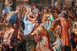 Kerststal. Fresco. San Donato kerk. Genua. Italië.