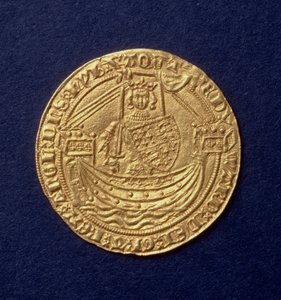 Edele van Edward III (1312-77) voorzijde toont de koning op een schip, Calais munt, intro. 1344