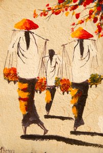 Schilderij; Aziatische vrouwen met rijsthoeden; Vientiane; Laos; Zuidoost-Azië; Azië
