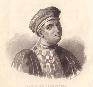 Portret van de Italiaanse militaire leider Francesco da Bussone, ook bekend als Carmagnola, kopergravure door E Silvestri naar schilderij