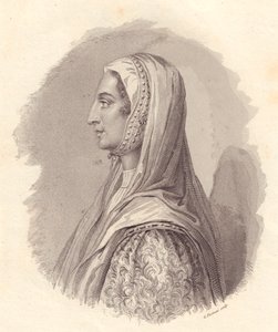 Portret van Italiaanse edelvrouw Beatrice Lascaris di Tenda (1372-1418), kopergravure door G Fusinati naar portret gepubliceerd door Antonio Campo