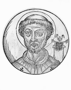 Portret van Sint Anastasius I (Anastasio de Massimi, overleden 401), 39e paus van de Katholieke Kerk vanaf 399, gravure