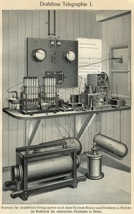 Voortgang van telecommunicatie: wetenschaps- en technologieplaat die een oud telegraafstation voorstelt. Illustratie uit Meyers Grosses Konversations-Lexikon, 1904. Bibliografisch Instituut, Leipzig en Wenen door Ferdinand Georg Waldmuller