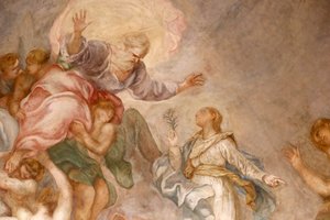 Santa Maria delle Vigne basiliek. God de Vader. Fresco. Genua. Italië.