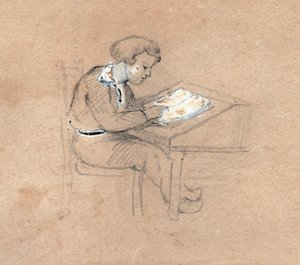Schooljongen aan het werk aan zijn bureau, ca. 1830 door . .