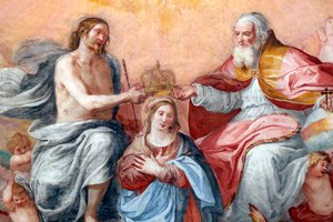 De kroning van de Maagd. Fresco. De Basilica della Santissima Annunziata del Vastato. Genua. Italië. door . .