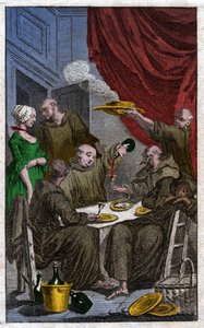 Het feest van monniken die kloosterregels overtreden. Ze drinken wijn, flirten met de dienstmeisjes. 18e eeuw (gravure) door . .