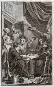 Het feest van monniken die kloosterregels overtreden. Ze drinken wijn, flirten met de dienstmeisjes. 18e eeuw (gravure) door . .