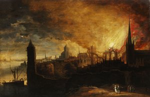 Brandende stad met Lot, de engel en zijn dochters