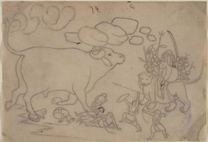 Durga Confronteert de Buffeldemon Mahisha: Scène uit de Devi Mahatmya door a first generation master after Nainsukh