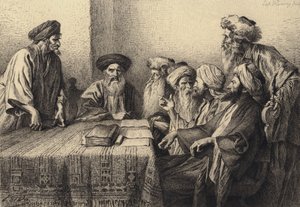 Judas voor het Sanhedrin door after Albert Robida