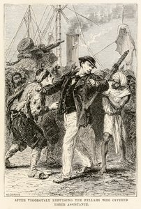 Na het krachtig afwijzen van de fellahs die hun hulp aanboden, uit De Reis om de Wereld in Tachtig Dagen door Jules Verne (1828-1905), gegraveerd door Henri-Théophile Hildebrand (1824-1897) 1873 (gravure) door after Alphonse Marie de Neuville