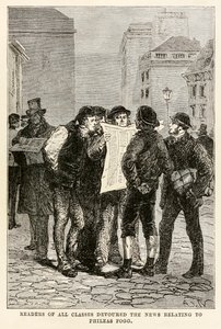 Lezers van alle klassen verslonden het nieuws over Phileas Fogg, uit De Reis om de Wereld in Tachtig Dagen door Jules Verne (1828-1905), gegraveerd door Louis Dumont (b.1822) 1873 door after Alphonse Marie de Neuville