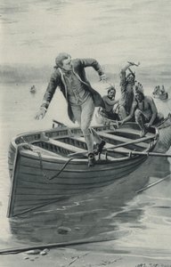 Kapitein James Cook springt uit zijn boot terwijl de Indianen erin springen