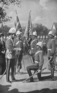Koning Edward presenteert kleuren aan de Royal Welsh Fusiliers, 16 augustus 1880