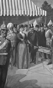 De Prinses van Wales vuurt het eerste schot af in Bisley, 12 juli 1890