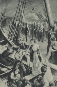 De mannen van de Birkenhead staan in de houding terwijl het schip zinkt in het water