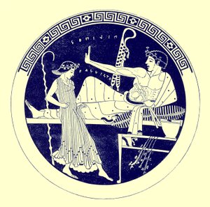 Dansend meisje en feestende jongeman, illustratie uit Griekse Vaas Schilderijen door J. E. Harrison en D. S. MacColl, gepubliceerd 1894