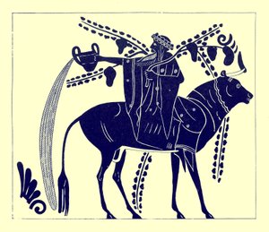 Dionysus rijdt op een stier, illustratie uit Griekse Vaas Schilderijen door J. E. Harrison en D. S. MacColl, gepubliceerd 1894