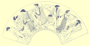 Revel door Brygos, illustratie uit Griekse Vaas Schilderijen door J. E. Harrison en D. S. MacColl, gepubliceerd 1894