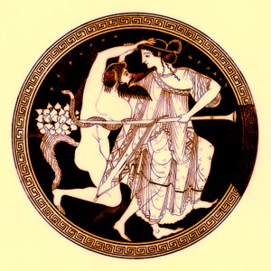 Satyr en Maenade, illustratie uit Griekse Vaas Schilderijen door J. E. Harrison en D. S. MacColl, gepubliceerd 1894