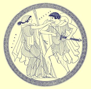 Theseus en Aethra, illustratie uit Griekse Vaas Schilderijen door J. E. Harrison en D. S. MacColl, gepubliceerd 1894