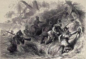 Fransen op weg om het Spaanse fort aan de St. Johns aan te vallen