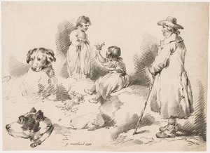 Studies van Kinderen (Twee Kleine Meisjes); Twee Honden; Een Man
