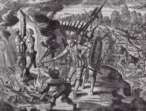 De wraak van de Spanjaarden voor de dood van Ayolas, uit Gottfrieds Historia Antipodum, gepubliceerd in 1655, uit The Romance of the River Plate, Vol. I, door W. H. Koebel, 1914