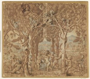 Putti die wijn oogsten en spelen met een bokje