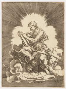 Sint Jan, schrijvend, zittend op een adelaar door after Giulio Romano
