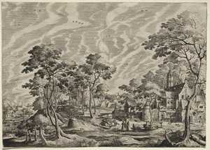 Landschap met een kasteel aan de rechterkant door after Hans Bol