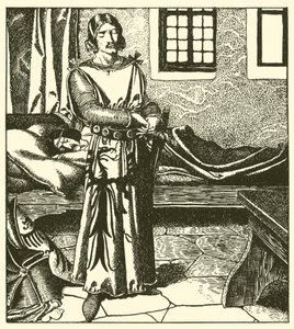 Sir Launcelot neemt de wapenrusting van Sir Kay door after Howard Pyle
