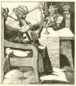 Sir Tristram speelt harp voor Koning Mark door after Howard Pyle