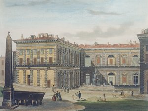 Interne Binnenplaats van Palazzo Pitti, Florence, gegraveerd door Johann Falkeisen en ingekleurd door L. Cherbuin door after Italian School