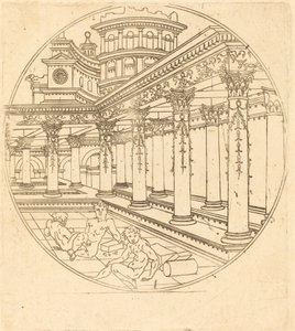 Drie Figuren in een Galerij door after Jean de Gourmont I
