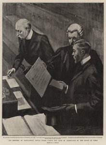 De vergadering van het parlement, koninklijke hertogen die de eed van trouw afleggen in het Hogerhuis