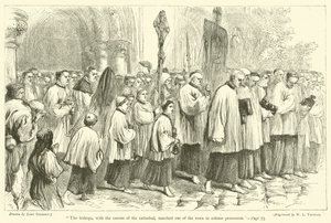 De bisschoppen, met de kanunniken van de kathedraal, marcheerden plechtig de stad uit