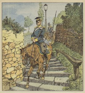 In Châteaudun, Twee uhlanen achtervolgd dalen te paard de stenen trap van 200 treden af door after Louis Charles Bombled