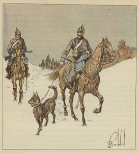 Pruisische ruiters op verkenning, voorafgegaan door honden aan de lijn door after Louis Charles Bombled