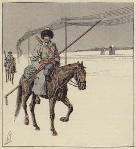 Kozakken van de Amur bewaken de spoorlijn van de Transsiberische spoorlijn door after Louis Charles Bombled