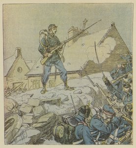 Sergeant Pitou, die moedig de barricade van Courceboeufs beklimt, beslist over de inname van het dorp