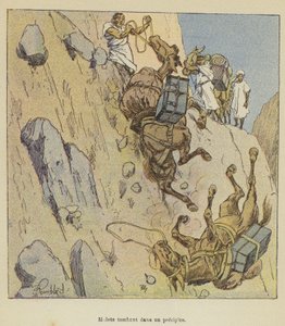 Muilezels die in een afgrond vallen