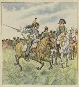Een dragonder waarschuwt de Keizer voor het verraad van een van zijn generaals door after Louis Charles Bombled