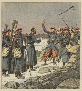 Een Duitse officier geeft zijn zwaard terug aan een Franse korporaal die het in de wind gooit
