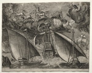Zeilschepen: Twee Galeien die Achter een Gewapende Driemaster Varen met Phaeton en Jupiter in de Lucht door after Pieter Bruegel